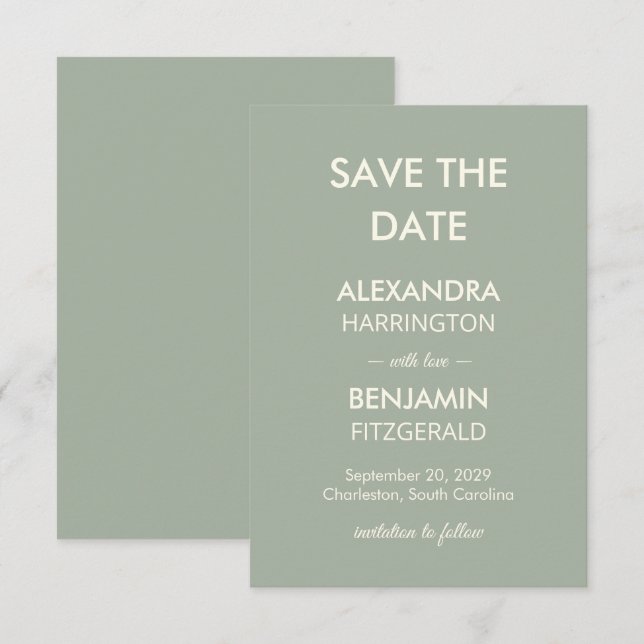 Modern Minimalist Wedding | Sage Green Timeless  Save The Date (Front/Back)