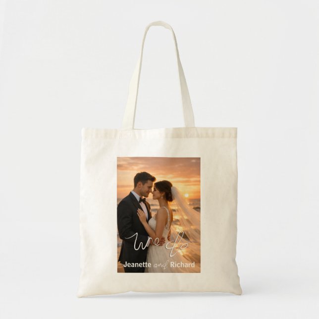Modern Minimalist Wedding Sunset Beach Photo Tote Bag (Front)