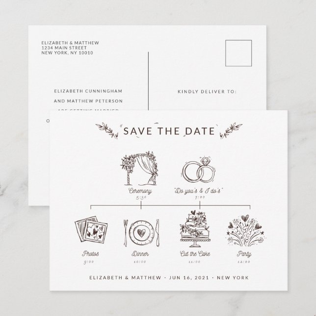 Modern Minimalist Wedding Timeline Save The Date Postcard (Front/Back)
