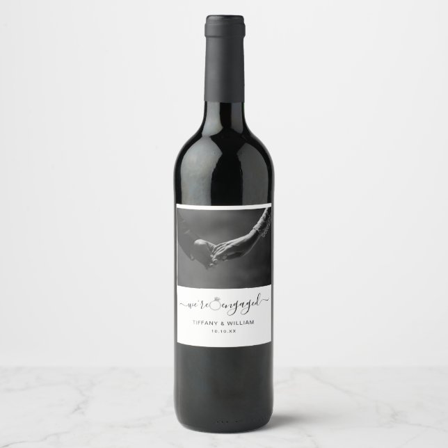 Modern Minimalist We're Engaged with photo  Wine Label (Front)