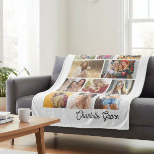 Modern Minimalist White 10 Photo Collage With Name Fleece Blanket