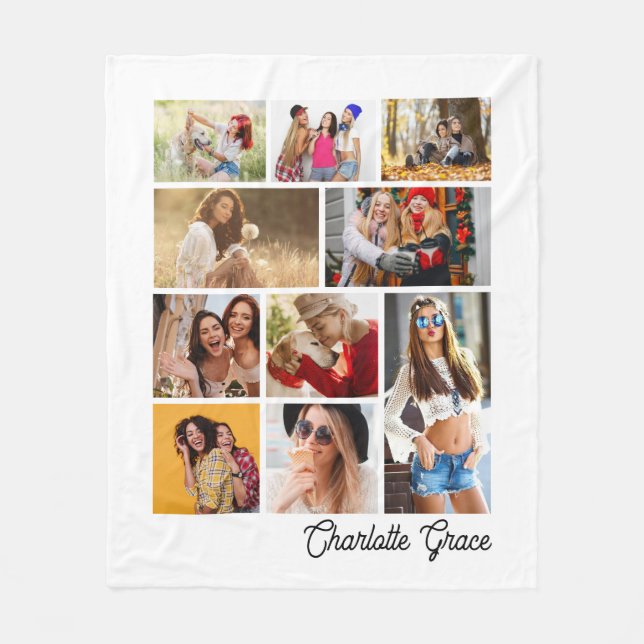 Modern Minimalist White 10 Photo Collage With Name Fleece Blanket (Front)