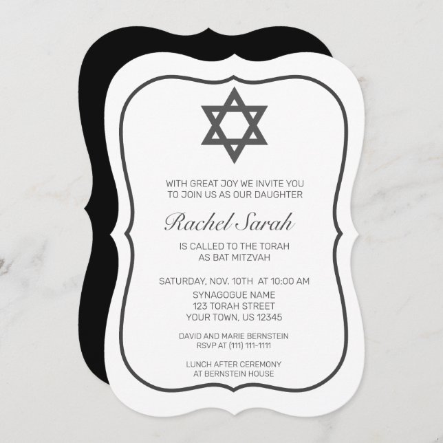 Modern Minimalist White Black Bat Mitzvah Invitation (Front/Back)