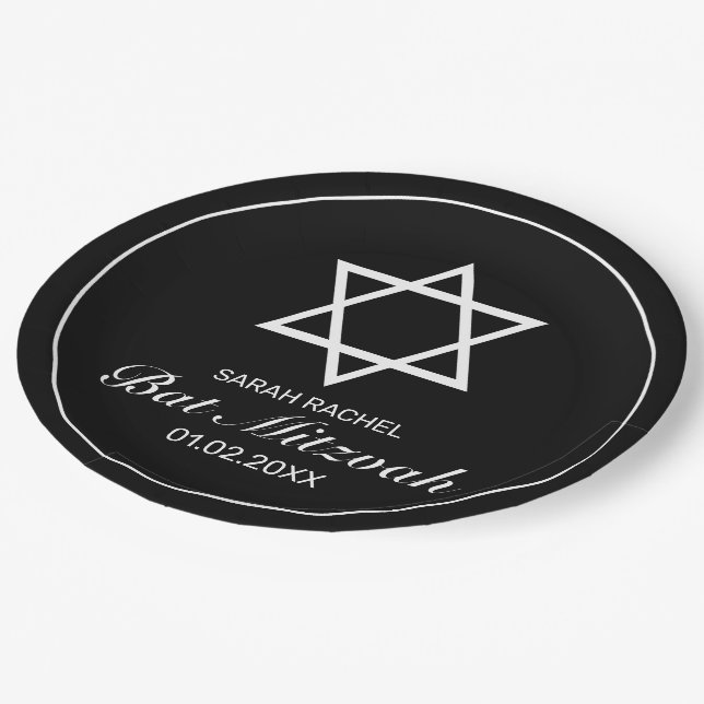 Modern Minimalist White Black Bat Mitzvah Paper Plate (Angled)