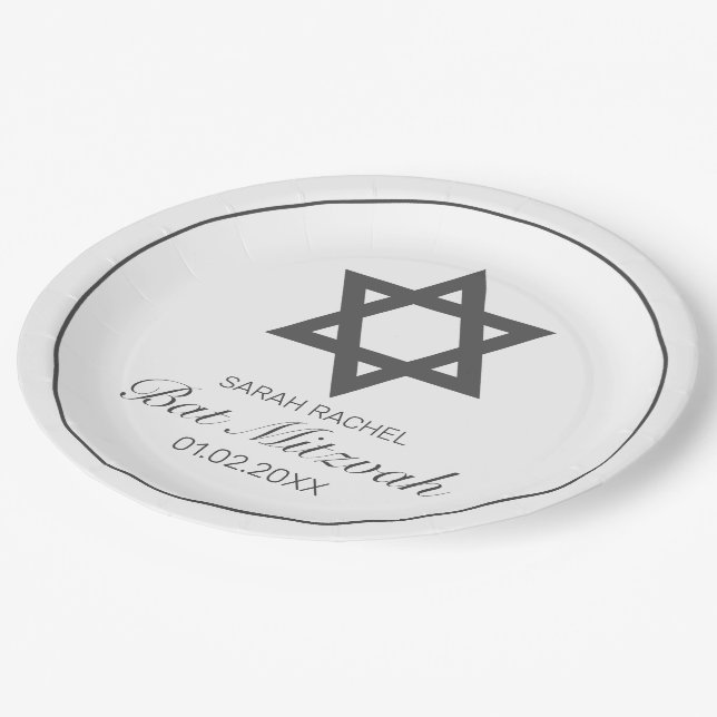Modern Minimalist White Black Bat Mitzvah Paper Plate (Angled)