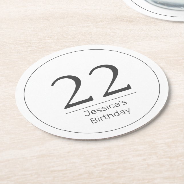 Modern Minimalist White Black Birthday Round Paper Coaster (Angled)