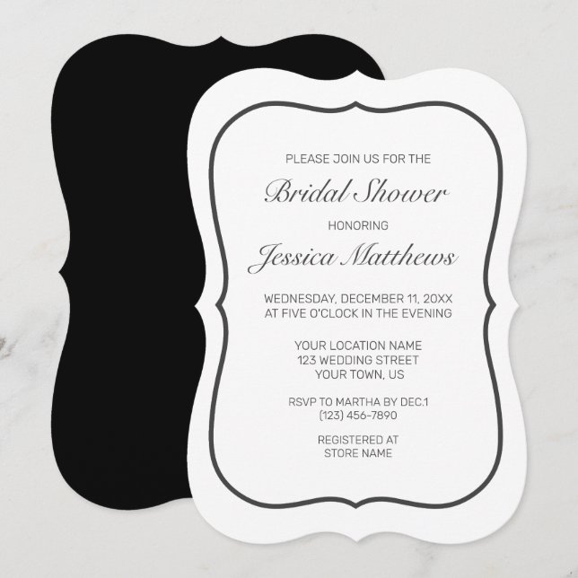 Modern Minimalist White Black Bridal Shower Invitation (Front/Back)
