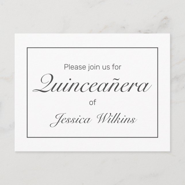 Modern Minimalist White Black Quinceañera Announcement Postcard (Front)