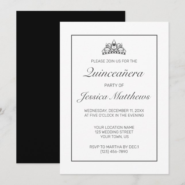 Modern Minimalist White Black Quinceañera Invitation (Front/Back)