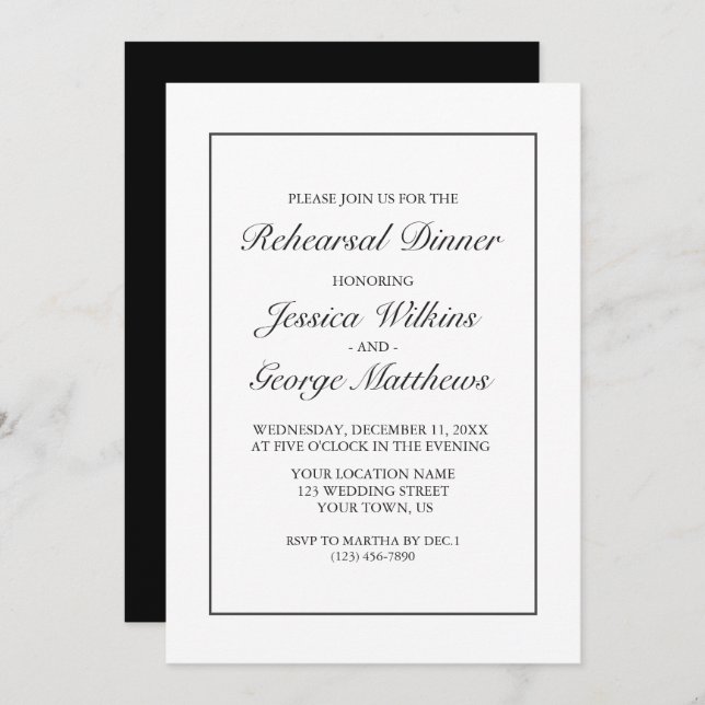 Modern Minimalist White Black Rehearsal Dinner Invitation (Front/Back)