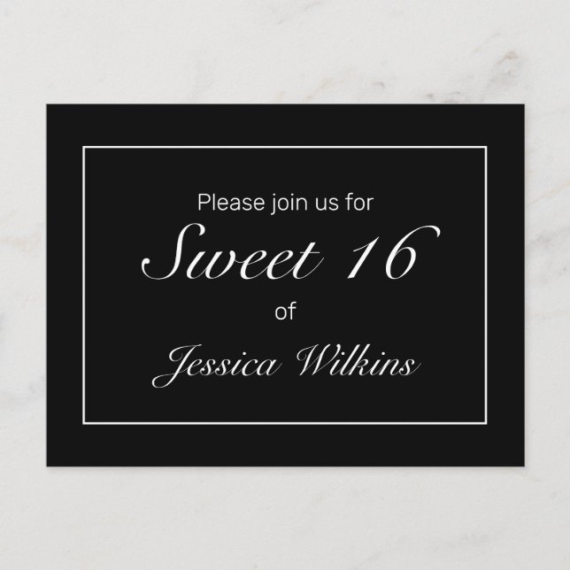 Modern Minimalist White Black Sweet 16 Announcement Postcard (Front)