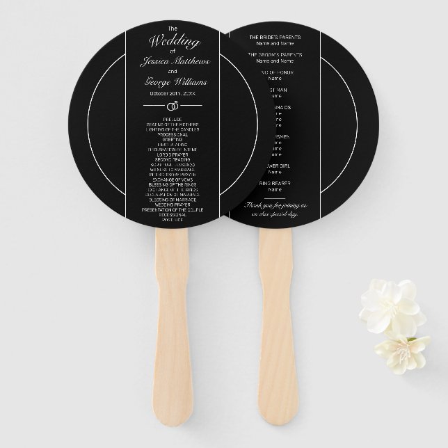 Modern Minimalist White Black Wedding Hand Fan (Front and Back)