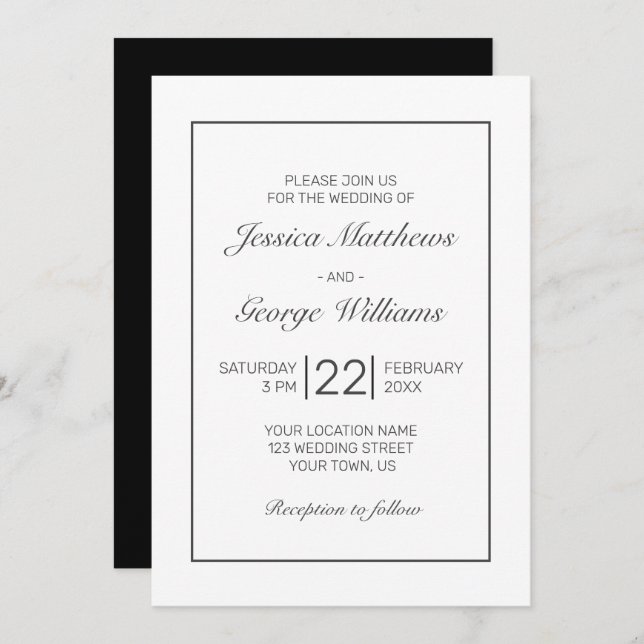 Modern Minimalist White Black Wedding Invitation (Front/Back)