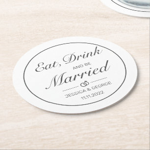 Modern Minimalist White Black Wedding Round Paper Coaster