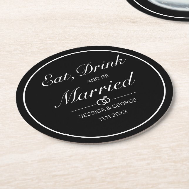 Modern Minimalist White Black Wedding Round Paper Coaster (Angled)