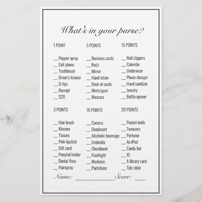 Modern Minimalist White Bridal Shower Purse Game (Front)
