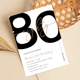Modern Minimalist White & Gold 80th Birthday Party Invitation