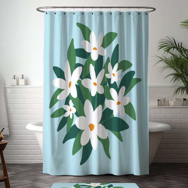 Modern Minimalist White Jasmine Floral on Blue Shower Curtain (In situ bathroom)