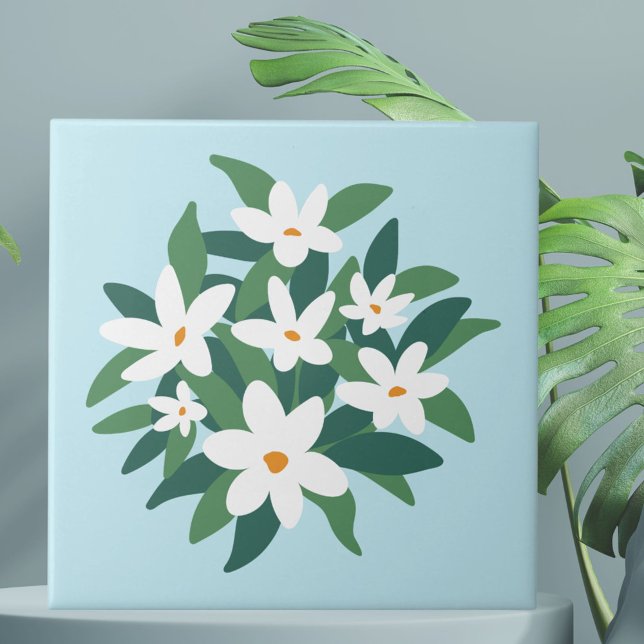 Modern Minimalist White Jasmine Floral on Blue Tile (Close up)