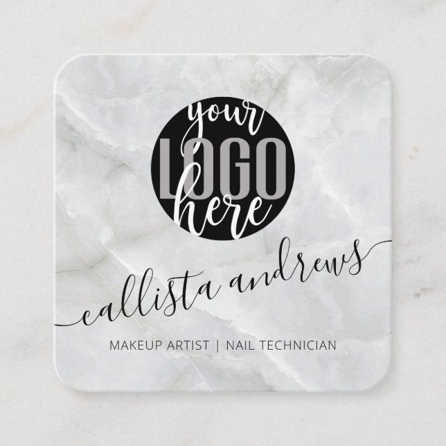 Modern Minimalist White Marble Stone Logo Square Business Card (Front)
