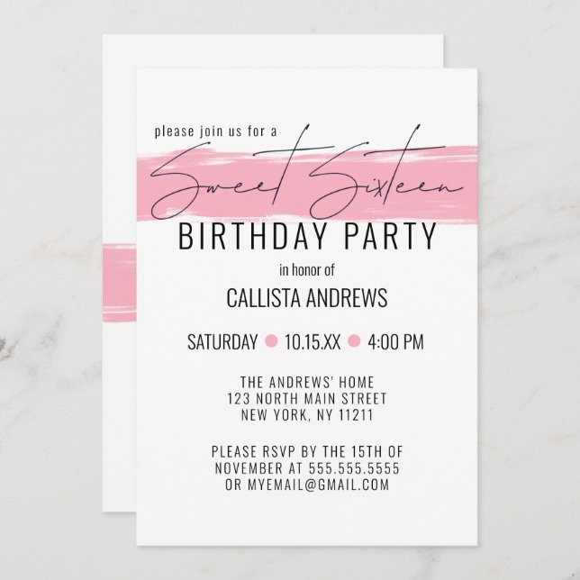 Modern Minimalist White Pink Brushstroke Sweet 16 Invitation (Front/Back)