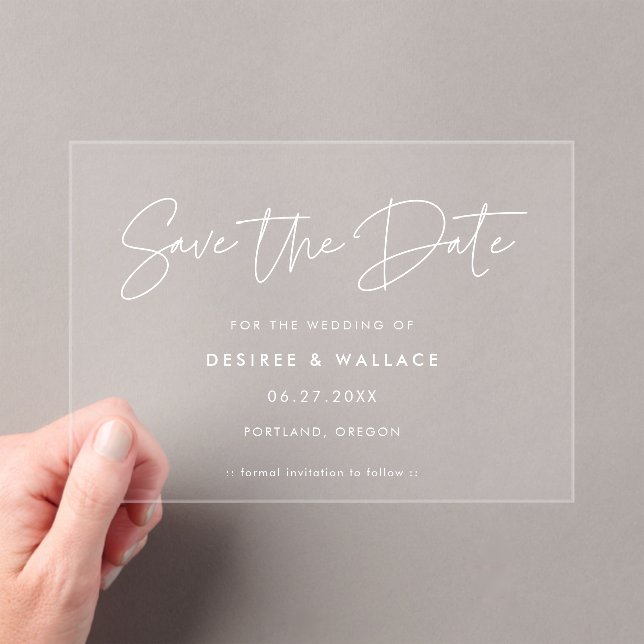 Modern Minimalist White Save The Date Acrylic Invitations (Insitu (Handheld))