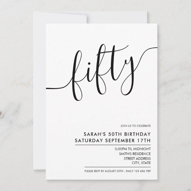 Modern Minimalist White Script 50th Birthday Invitation (Front)