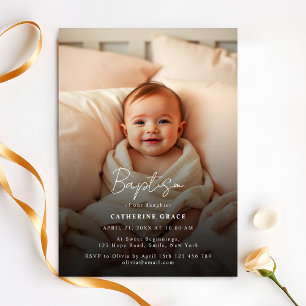 Modern Minimalist White Script Baby Photo Baptism Invitation