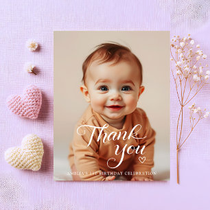 Modern Minimalist White Script Birthday Photo Thank You Card