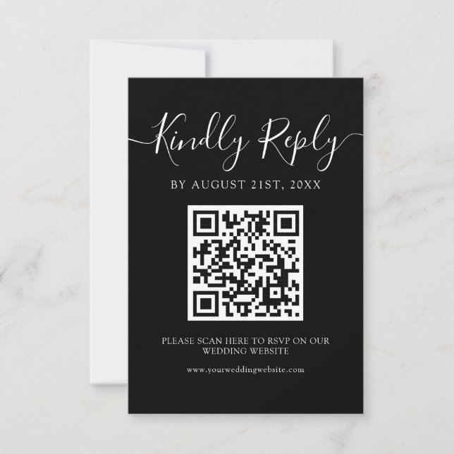 Modern Minimalist White Script QR Code Wedding RSVP Card (Front)