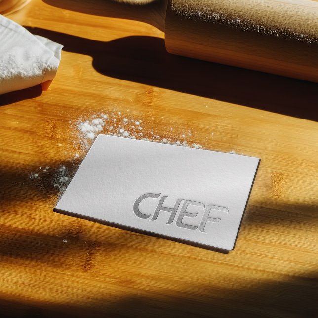 Modern Minimalist White Silver Embossed Text Chef Business Card (Creator Uploaded)