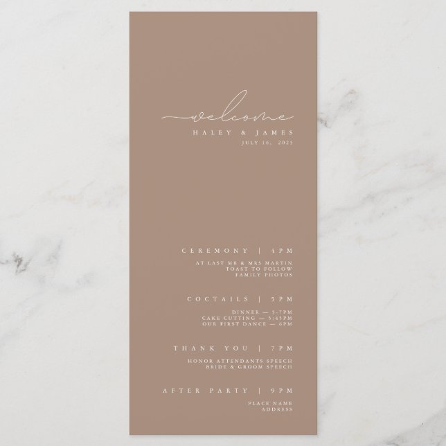 Modern Minimalist White & Taupe Wedding Program Menu (Front)