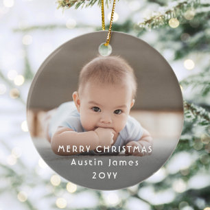 Modern Minimalist White Typography Overlay 2 Photo Ceramic Tree Decoration