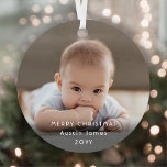 Modern Minimalist White Typography Overlay 2 Photo Metal Tree Decoration<br><div class="desc">Celebrate the simple joys of the holidays with a custom 2 photo round metal ornament. The pictures and all text on this template are easy to customise to include any wording, such as Merry Christmas, My First Xmas, Best Friends, kids & family names, etc. The modern minimalist black and white...</div>