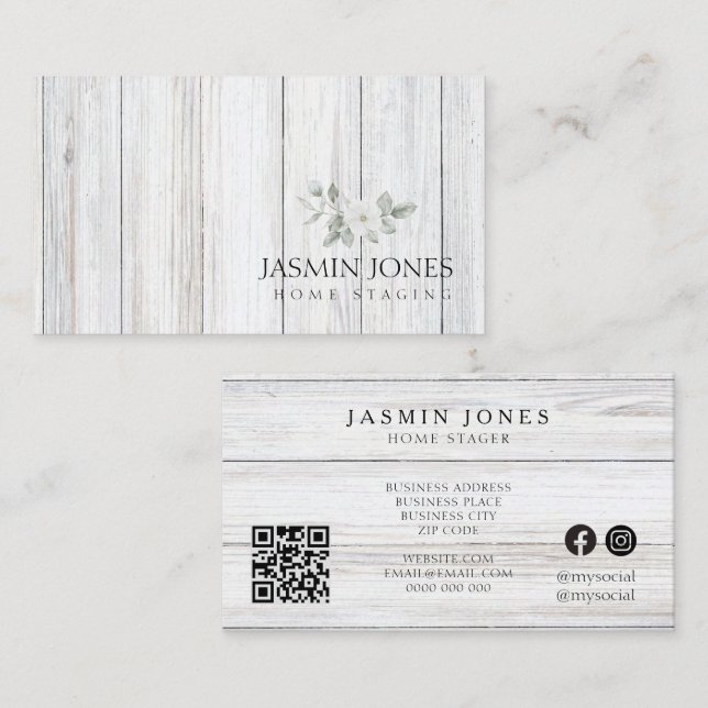 Modern Minimalist White Wood Rustic QR Code Business Card (Front/Back)