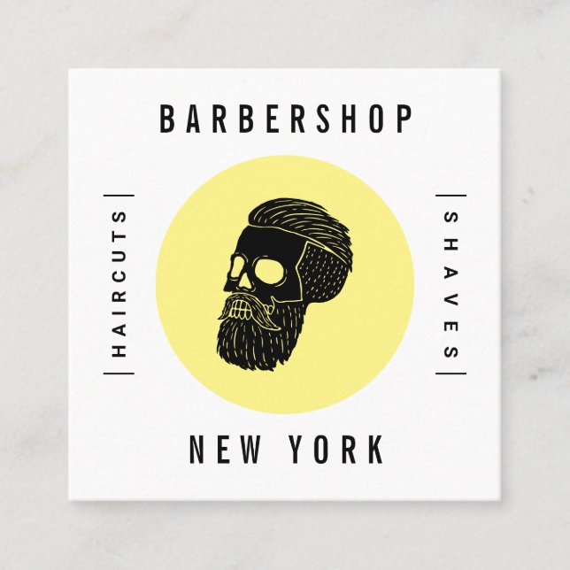 Modern minimalist white yellow barber shop skull appointment card (Front)