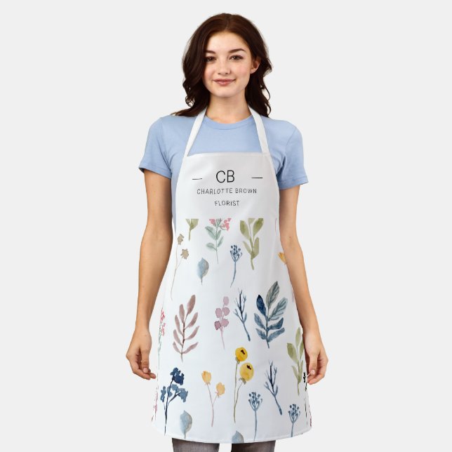 Modern Minimalist Wild Flowers Monogrammed Apron (Worn)