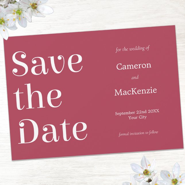 Modern Minimalist Wine Red Wedding Save the Date (Wine red minimalist modern typography Save the Date wedding invitation)