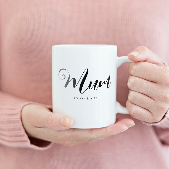 Modern Minimalist with names Mother's Day Mum Coffee Mug (Mum mug gift for mothers day with kids name modern minimalist handwritten script elegant chic)