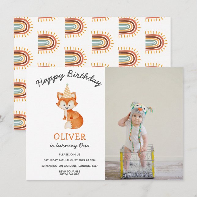 Modern Minimalist Woodland Fox first birthday (Front/Back)