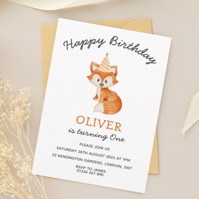 Modern Minimalist Woodland Fox first birthday Invitation (Creator Uploaded)