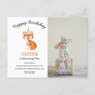 Modern Minimalist Woodland Fox first birthday Postcard