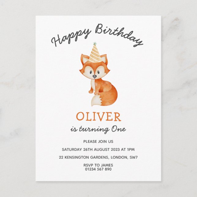 Modern Minimalist Woodland Fox first birthday Postcard (Front)