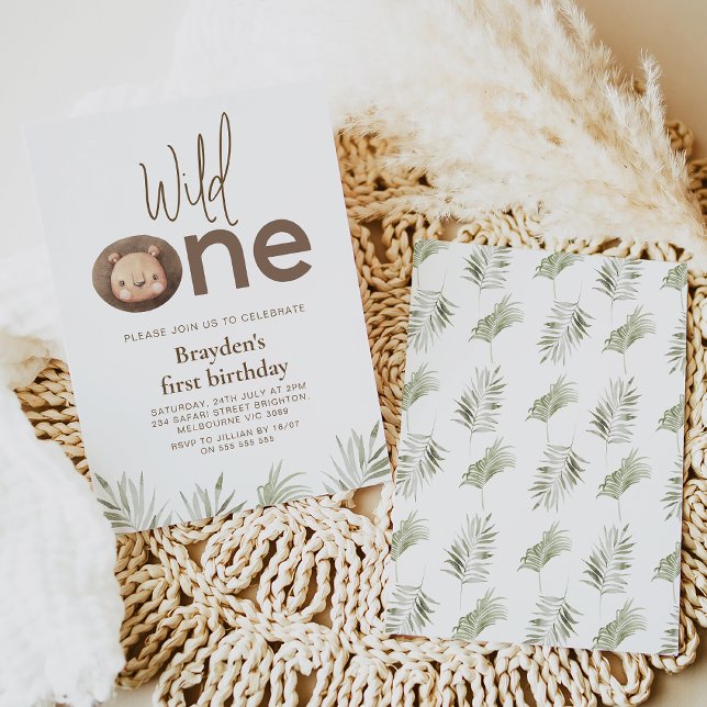 Modern Minimalist Word Lion Wild One 1st Birthday  Invitation (Modern lion wild one 1st birthday invitation for baby boy with greenery.)