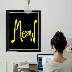 Modern Minimalist Yellow And Black Cat Typography  Poster