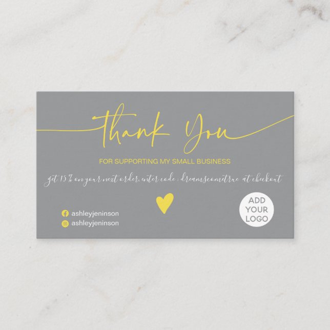 Modern minimalist yellow and grey order thank you business card (Front)