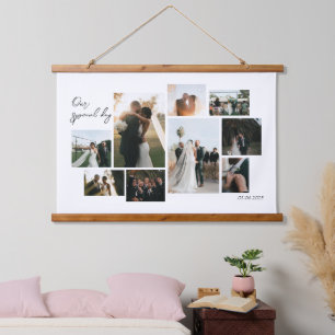 Modern minimalistic 9 photos wedding collage  hanging tapestry