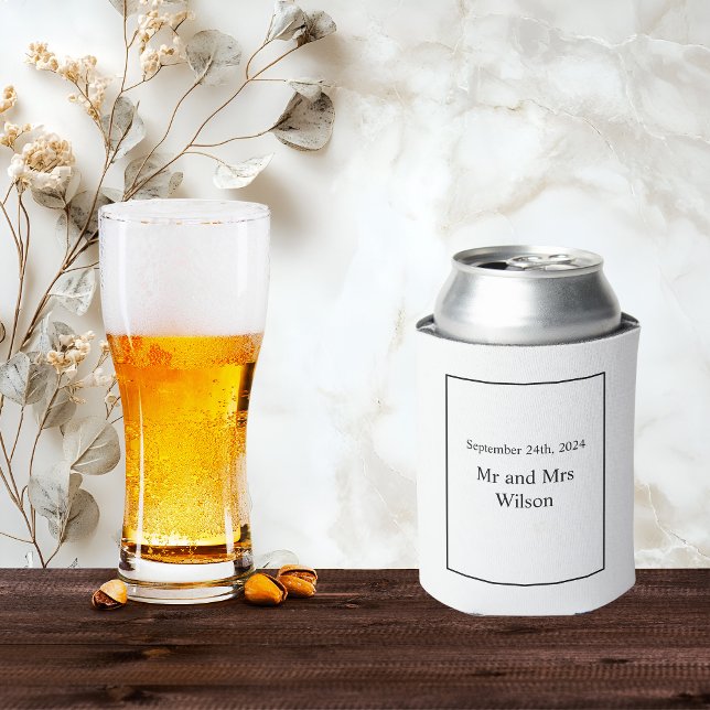 Modern Minimalistic Black on White Wedding Can Cooler (Creator Uploaded)