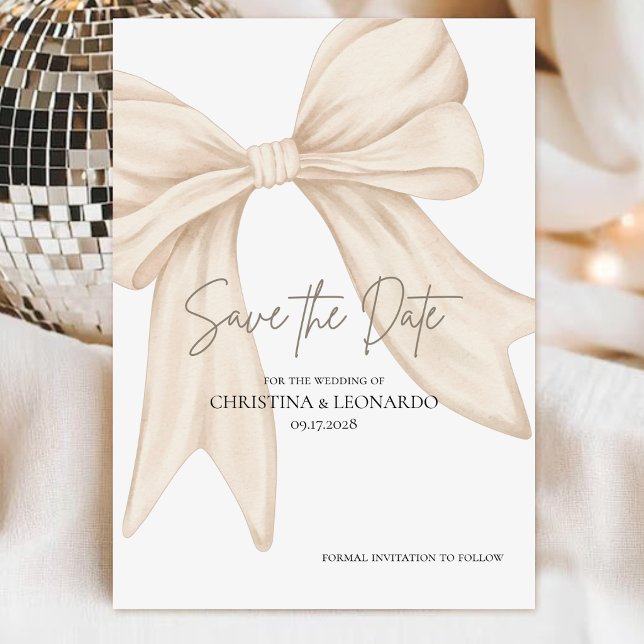 Modern Minimalistic Coquette Bow Beige Wedding Save The Date (Creator Uploaded)