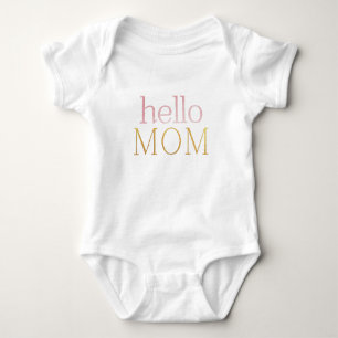 modern minimalistic hello MOM pink gold Foil Baby Bodysuit